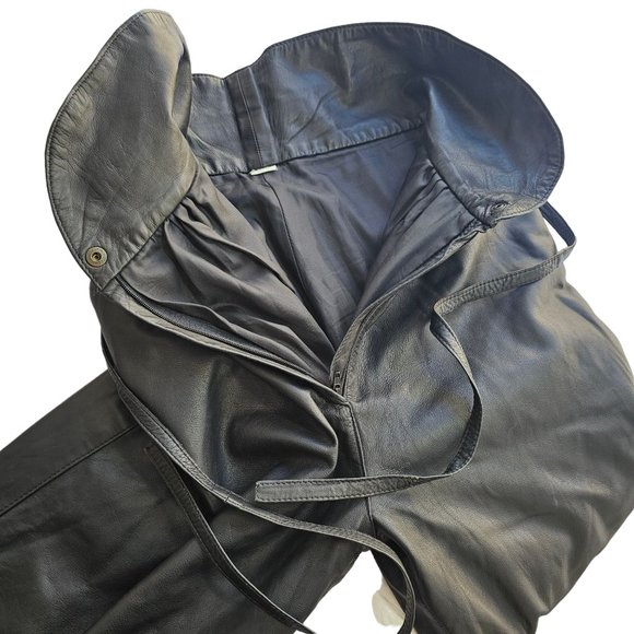90s High Waist Leather Pants Laced Belt Slash Pockets Curved Hem Womens 26 Black - Picture 9 of 11
